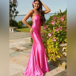 Faviana Pink Satin Scoop Neck Dress With Lace Up Back
